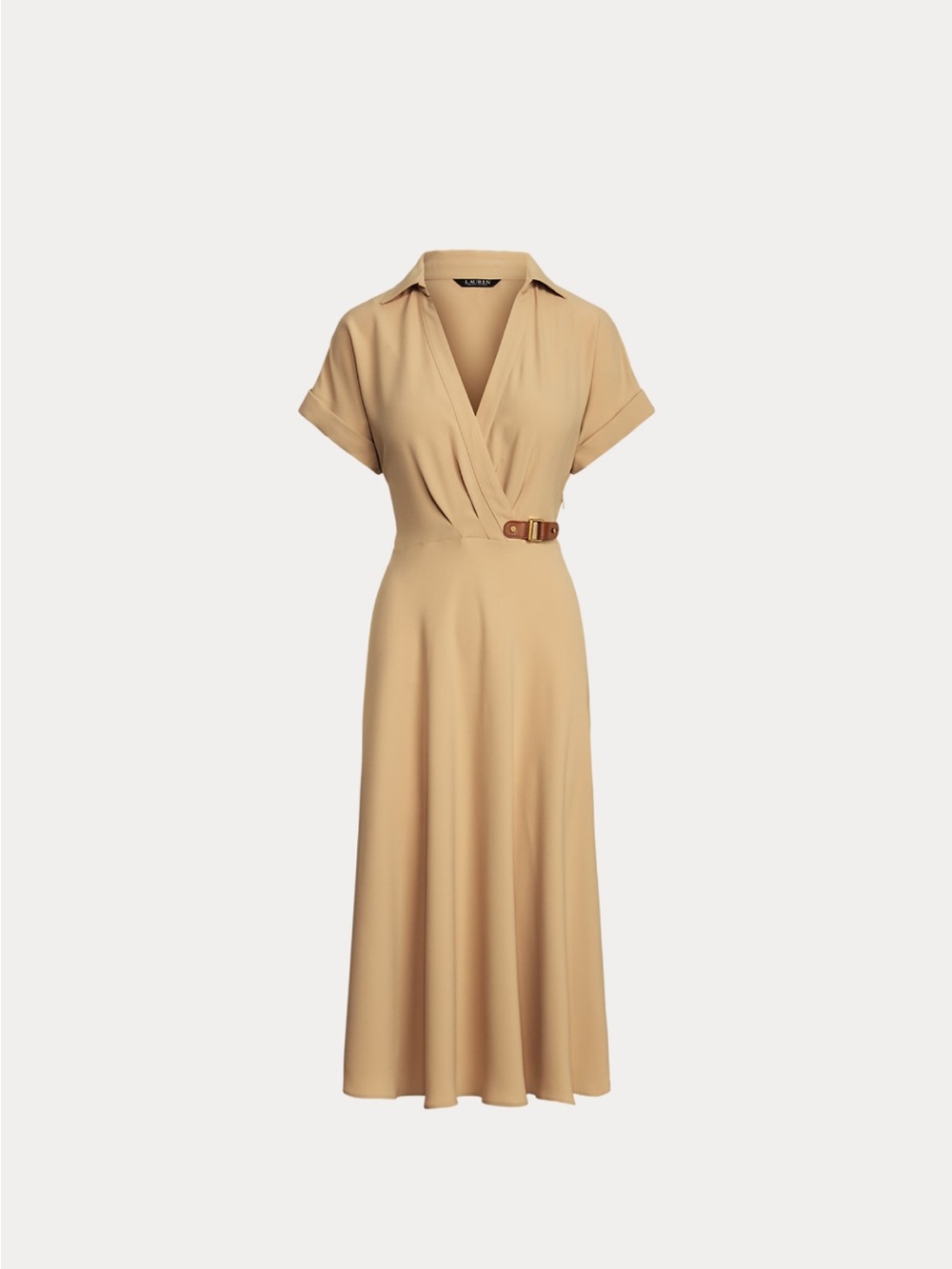 Ralph Lauren Tan Faux Wrap Logo Buckle-Trim Georgette Dress